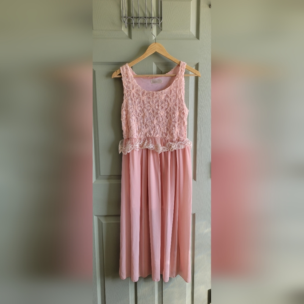 Pink Sleeveless Maxi Dress with Lace Overlay Top Size S